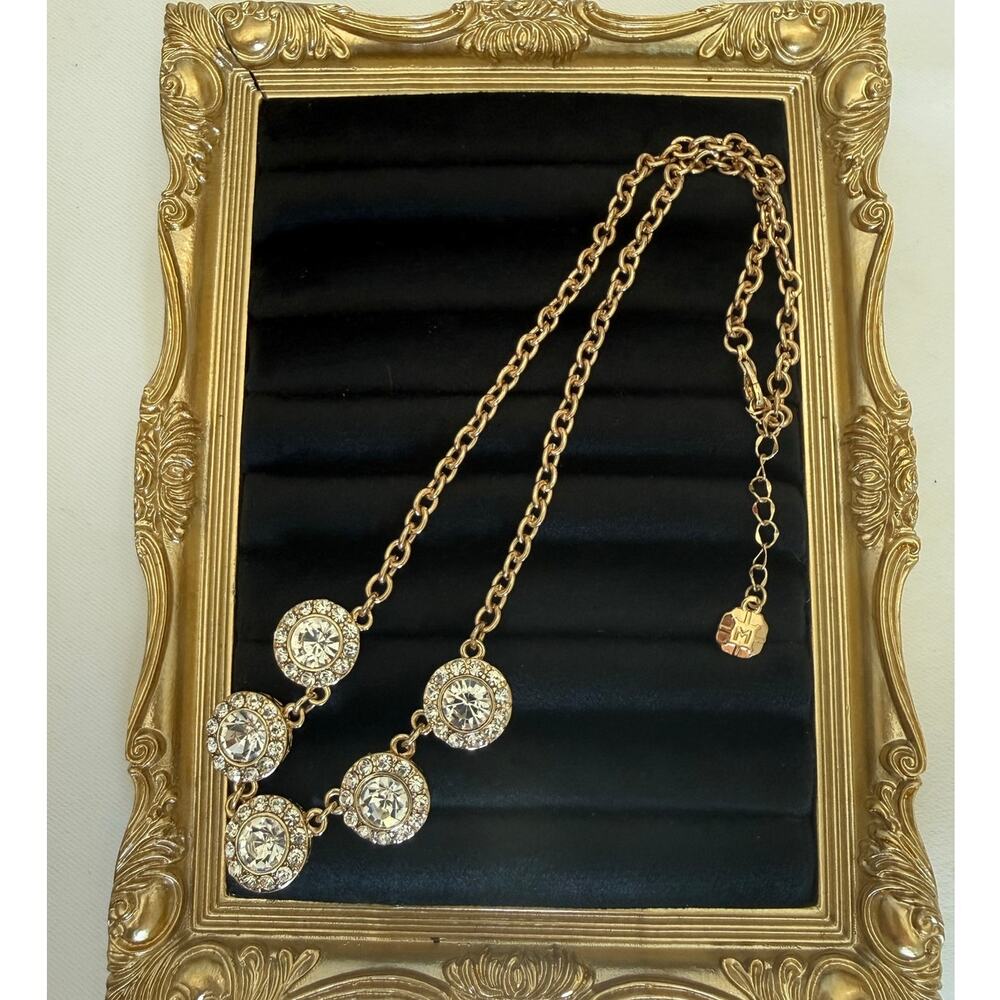Vintage Monet Gold Tone Rhinestone Statement Necklace 20" Crystal Medallion